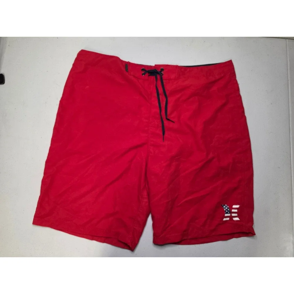Hurley Mens Red Board Shorts American Flag Logo Recycled Swim Trunks Size 36
